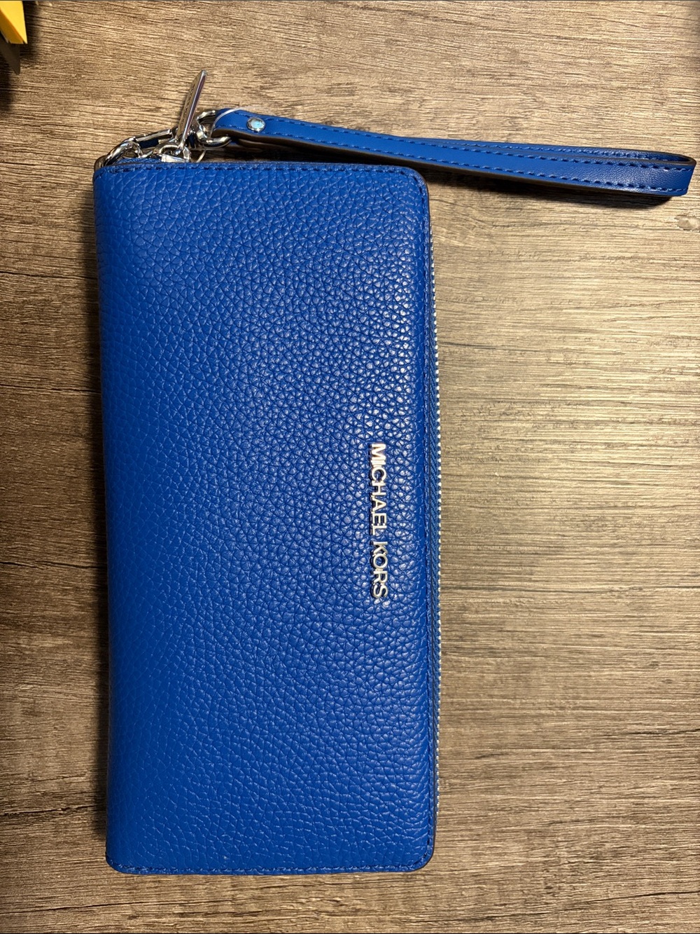 Michael Kors Cobalt Blue Pebbled Leather Wristlet Wallet with Silver Logo